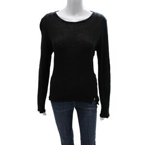 Frame Shirt Womens Basic T-Shirt Black Linen Long Sleeve Round Neck Size M